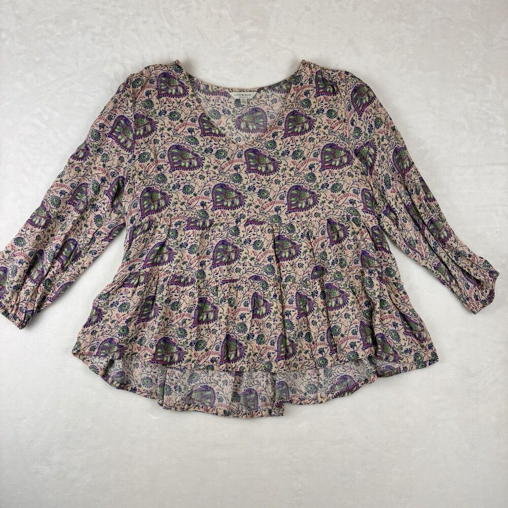 Lucky Brand Popover Blouse Women’s Small Pink Floral V Neck Peplum 3/4 Slv Boho